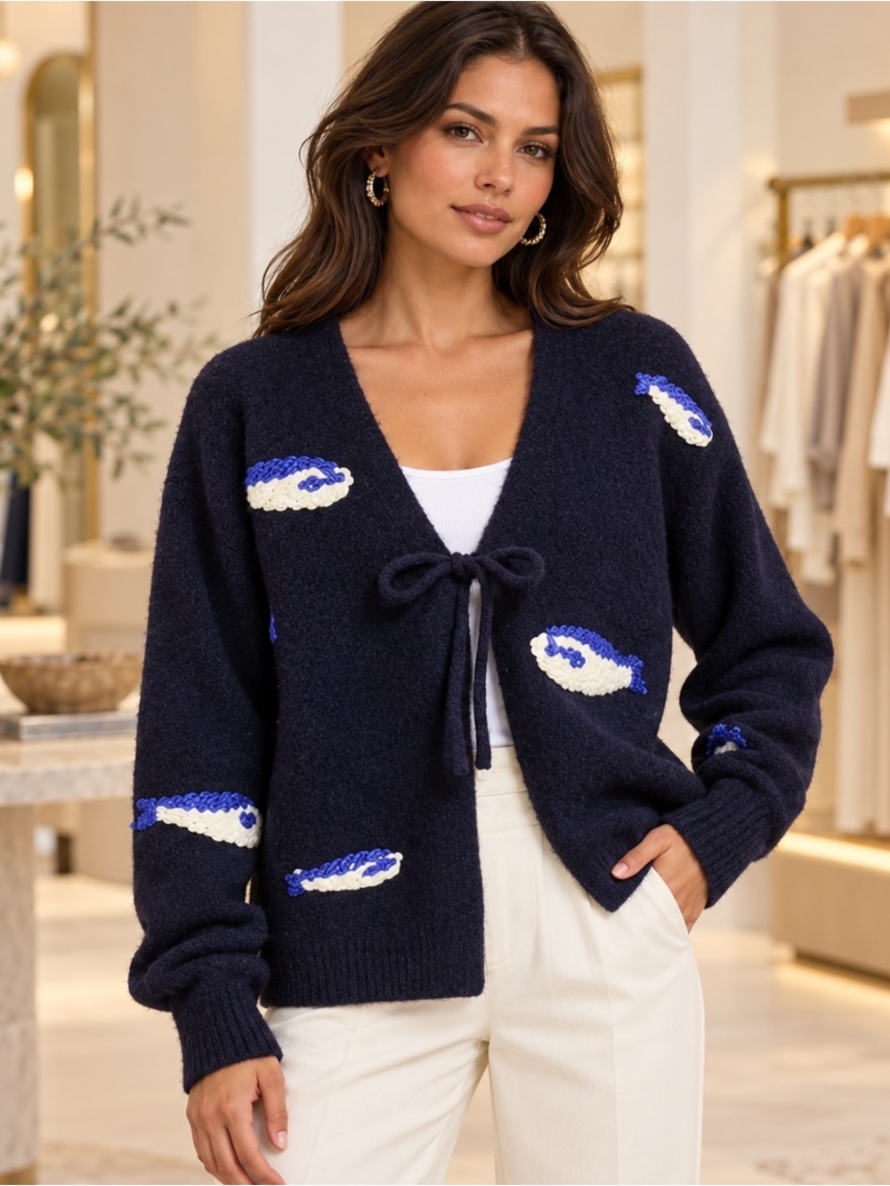 Flat White Navy Tie-Front Knit Cardigan  Embroidered sardines Accents NWT